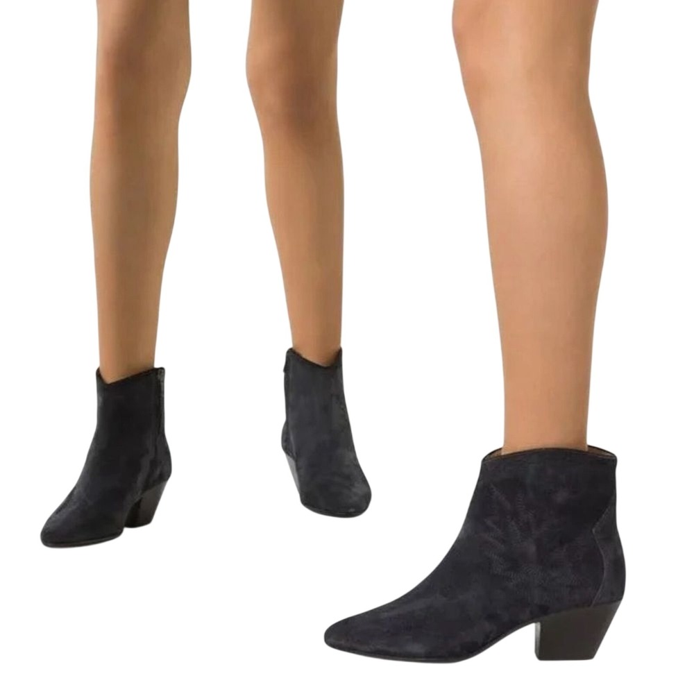 Isabel Marant Dacken Suede Western Embroidered Ankle Boots Faded Black Size 37